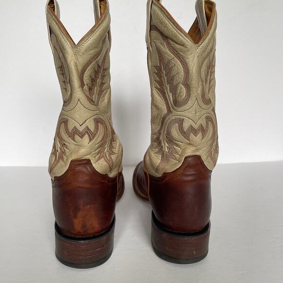 Vintage Tony Lama Roper Cowboy Boots Men’s 8.5 D Brown & Cream Leather USA Made main image 11